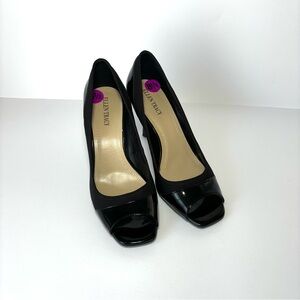 Ellen Tracy Black Patent Mixed Material Peep Toe High Heel Pumps Sz 8.5 Classic